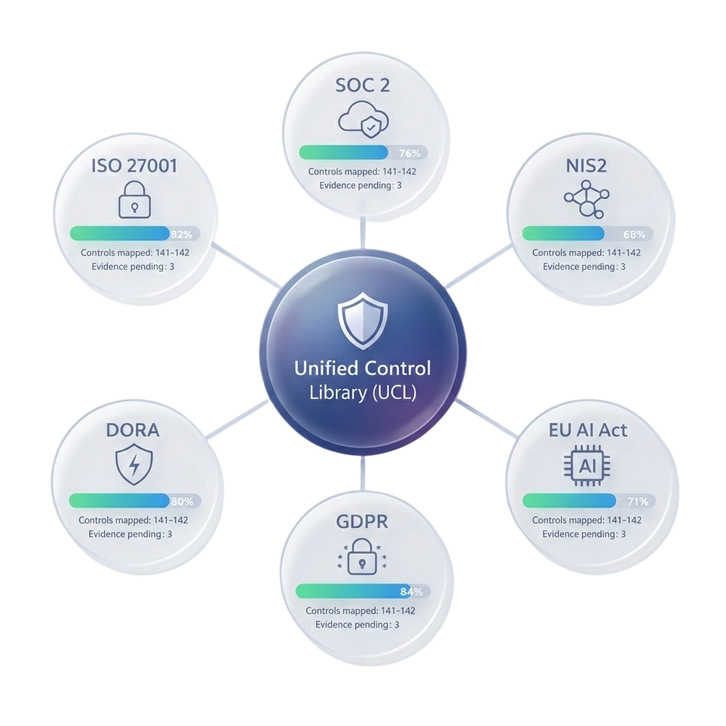 Basenorm Unified Control Library (UCL) diagram: Automatische mapping van compliance controles naar NIS2, DORA, ISO 27001, SOC 2, en GDPR.